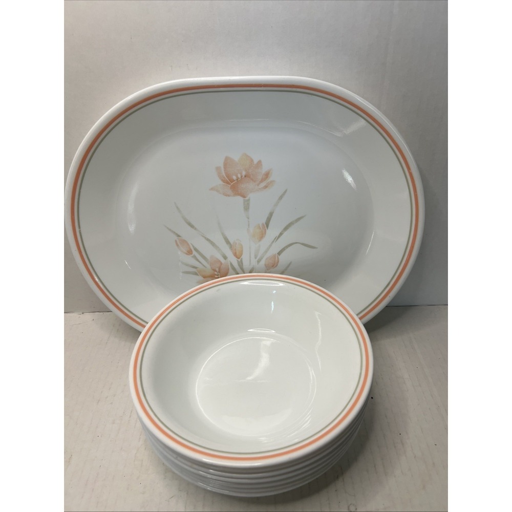 Vintage Corelle Peach Floral 7 1/4" Soup Cereal Bowls set of 7 With Platter
